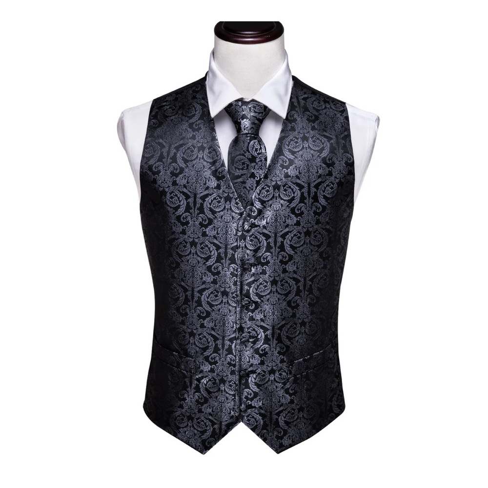Barry.Wang Mens Black Grey Floral Paisley Vest